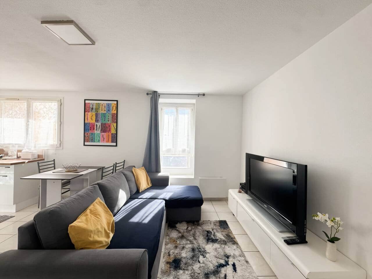 Votre espace multimédia : Une télévision pour vos soirées films ou séries, installée dans un salon conçu pour votre confort. Parfait pour se divertir après une journée de soins.