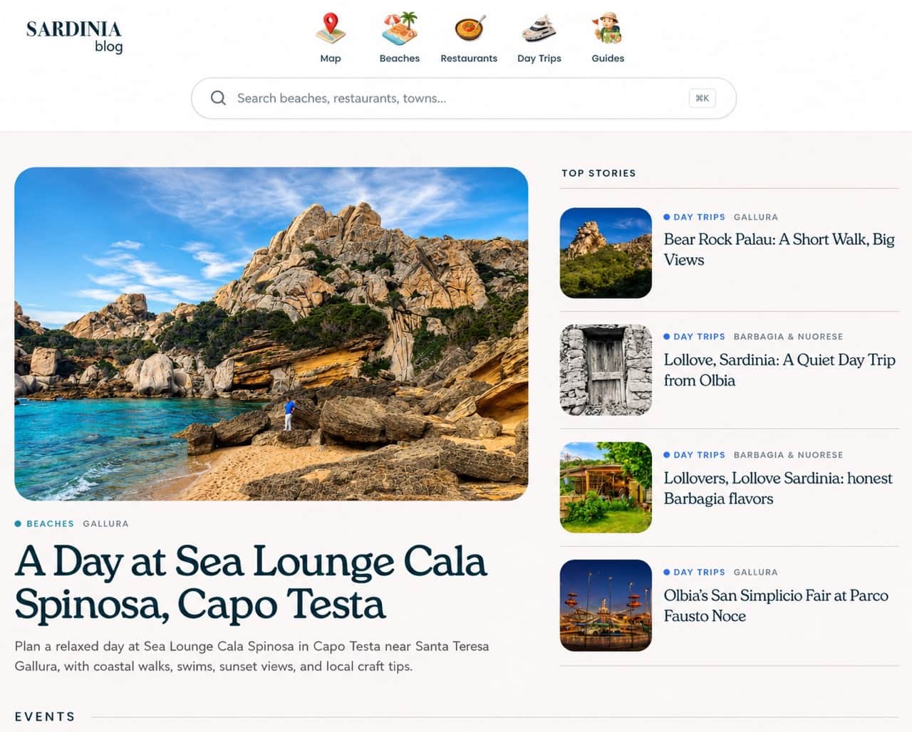 Sardinia.blog homepage showing insider stories, live events calendar and interactive map of Sardinia in five languages