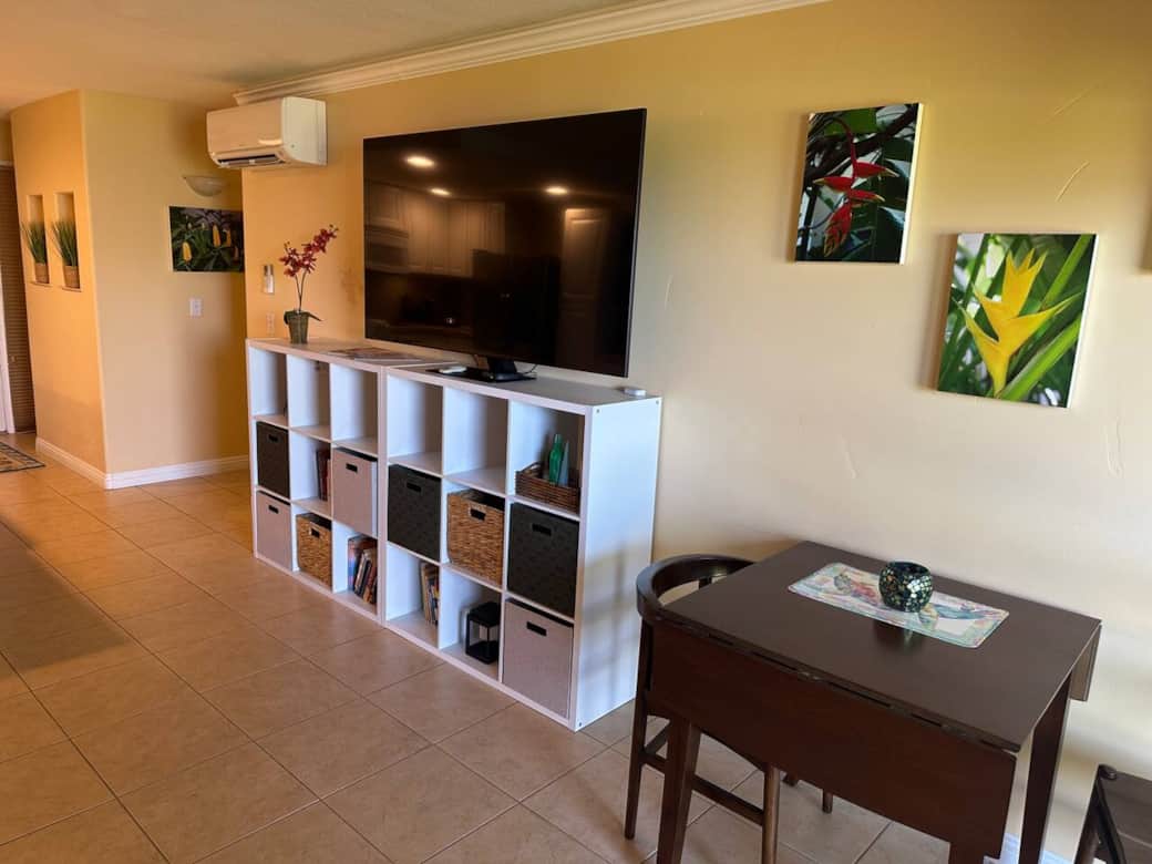 Local Spectrum cable TV provided with a Roku TV.  The Roku TV ensures your privacy information is deleted when you leave.  Many books and games are also provided to make your stay enjoyable.  AC unit and ceiling fan in living room.