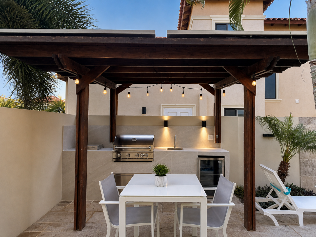 Gazebo-covered BBQ and bar table set