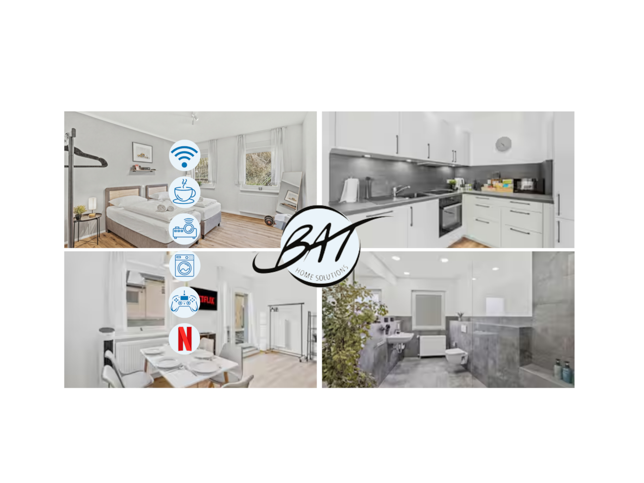 Modernes Apartment mit Kingsize-Bett, Küche, Esstisch und großzügigem Wellnessbad.
