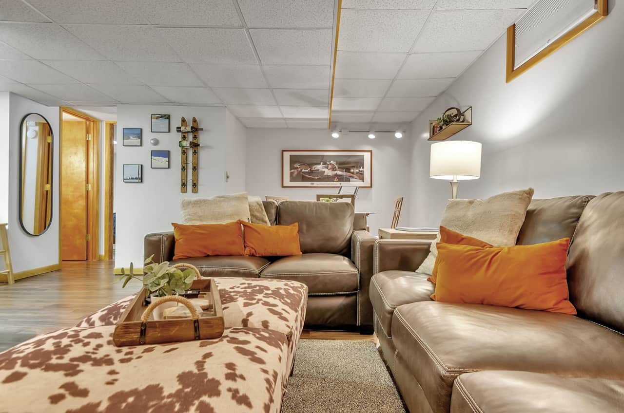 Cozy lower-level apartment with comfortable seating and smart TV