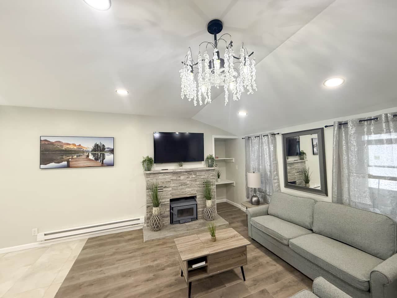 Living room with chandelier 