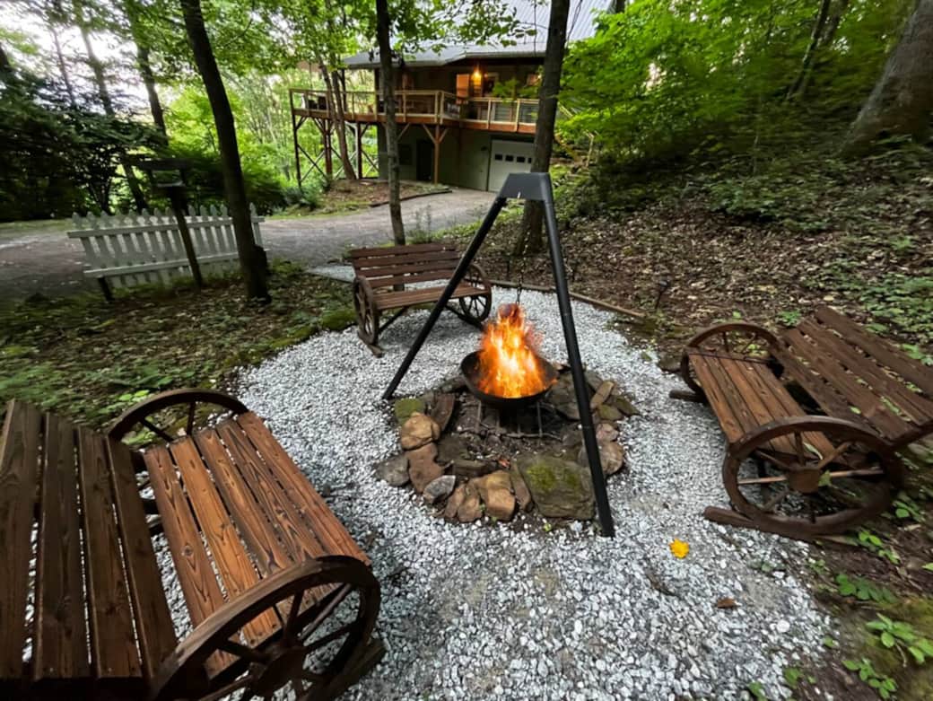 We love sitting around the hanging fire pit. You will find wood stacked near by as well as some kindling to help you start a fire. Once you get it going you are going to want to roast some s'mores.