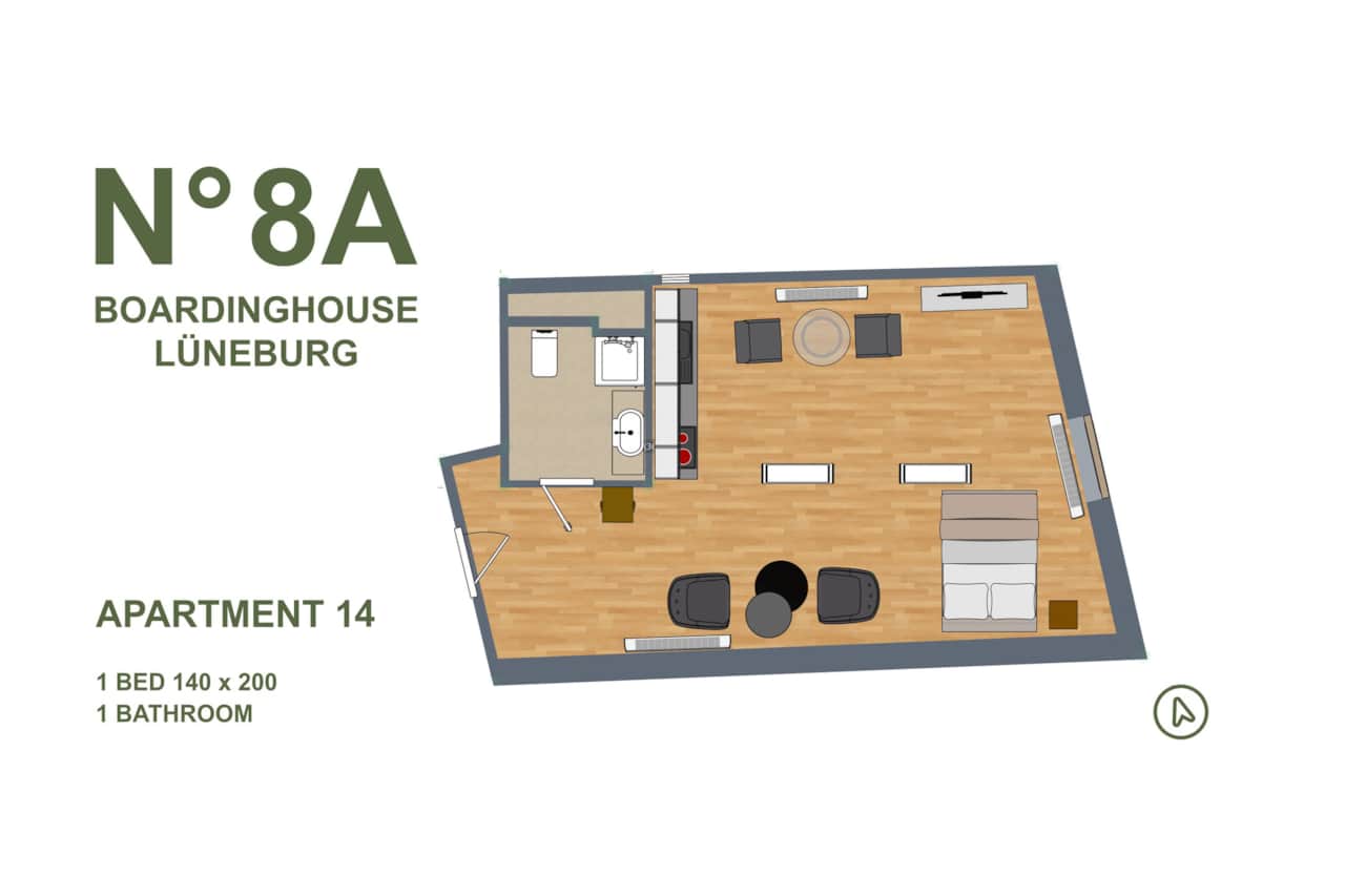 Großzügiger Grundriss mit eigenem Bad und Küche im N°8A Boardinghouse Lüneburg