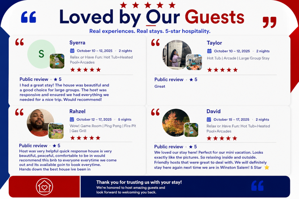 5-star stays, thoughtful hosting, and guests who leave feeling right at home. 5-star stays, thoughtful hosting, and guests who leave feeling right at home.