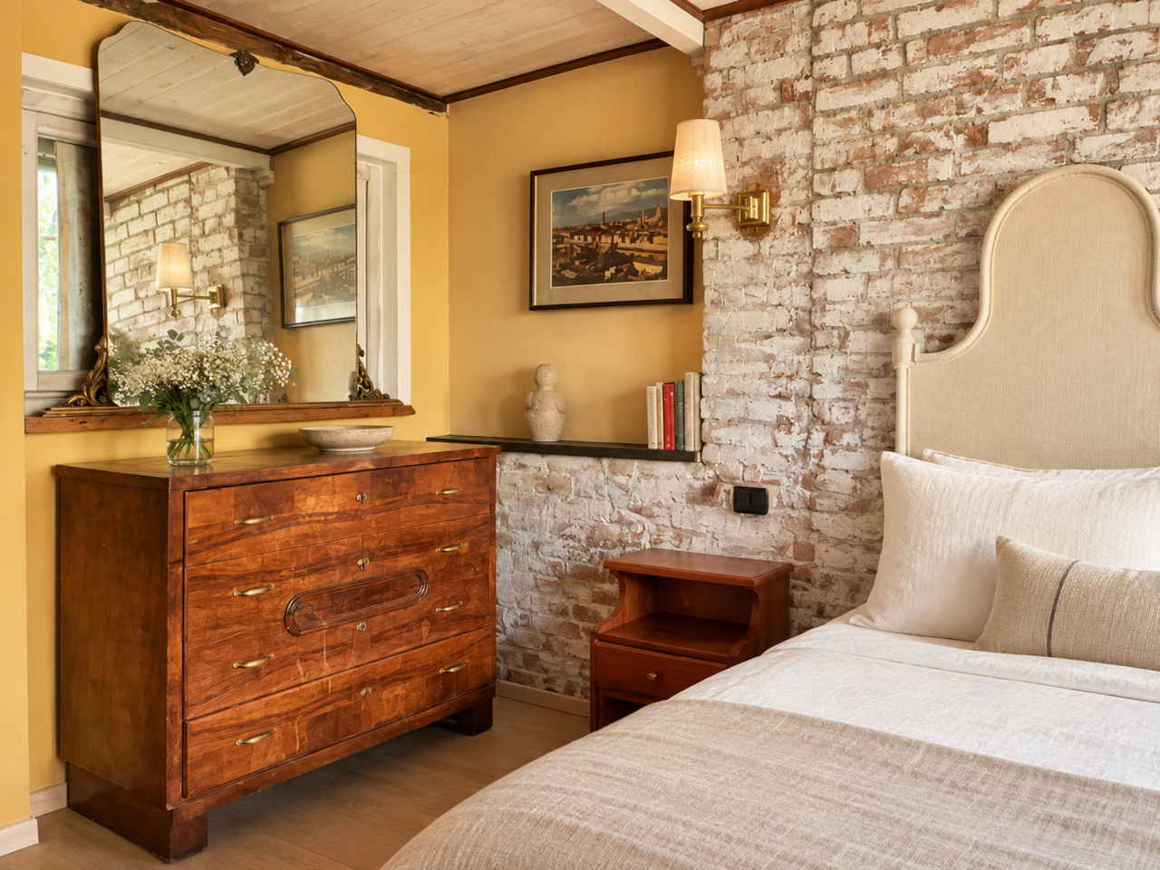 Chambre rustique élégante aux briques blanchies
