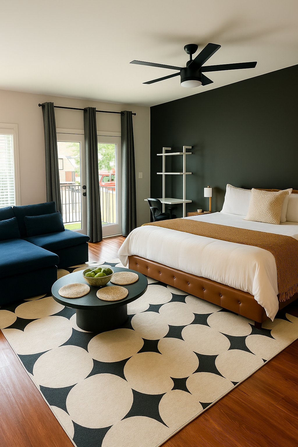 King bed with modern décor and private patio access.