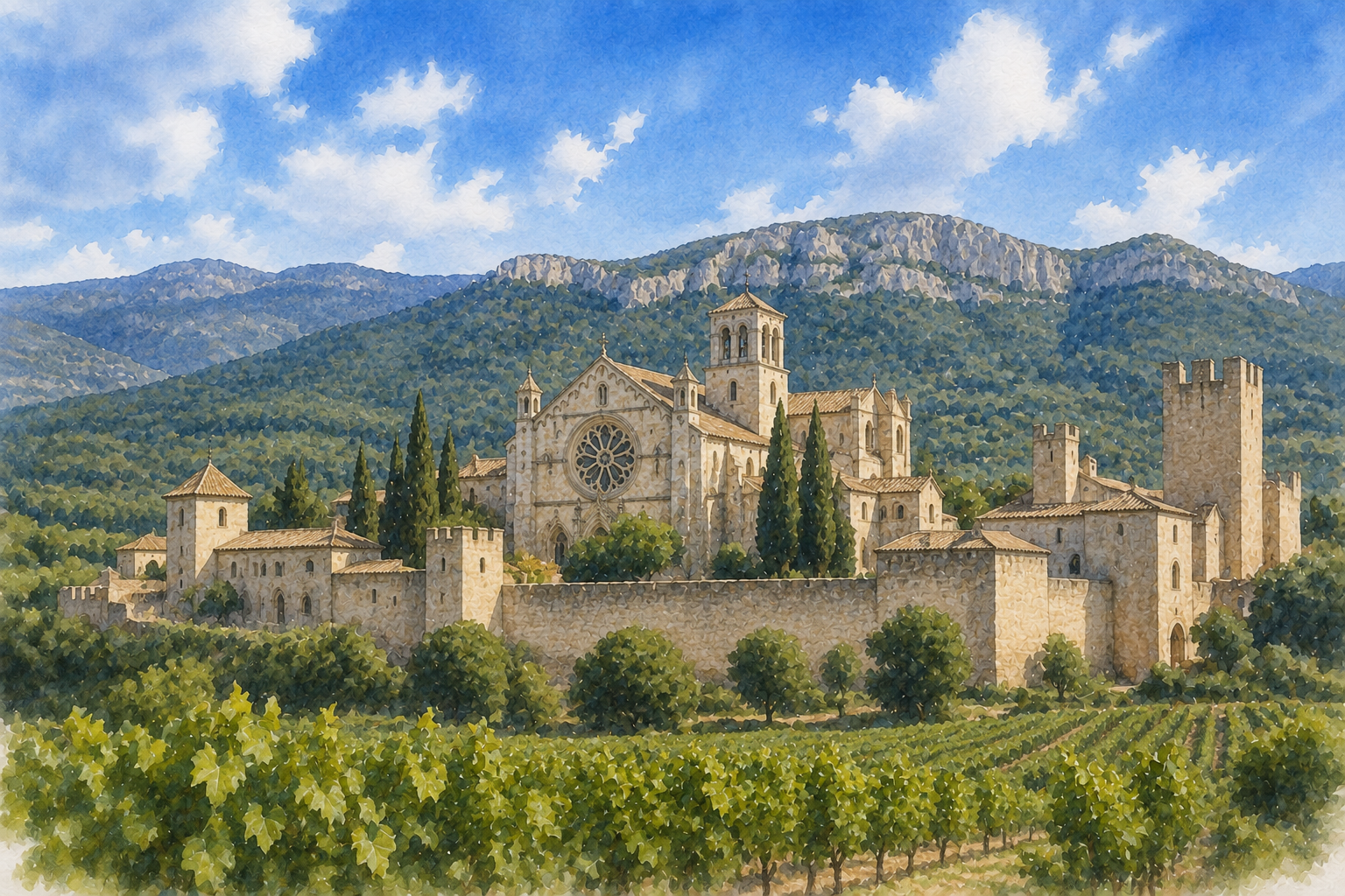 Watercolour landscape of Poblet monastery beneath the Prades mountains