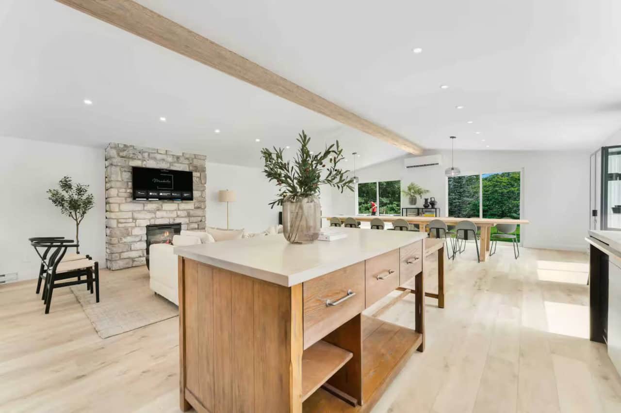 Fully equipped modern kitchen with a large island, perfect for preparing meals with a view