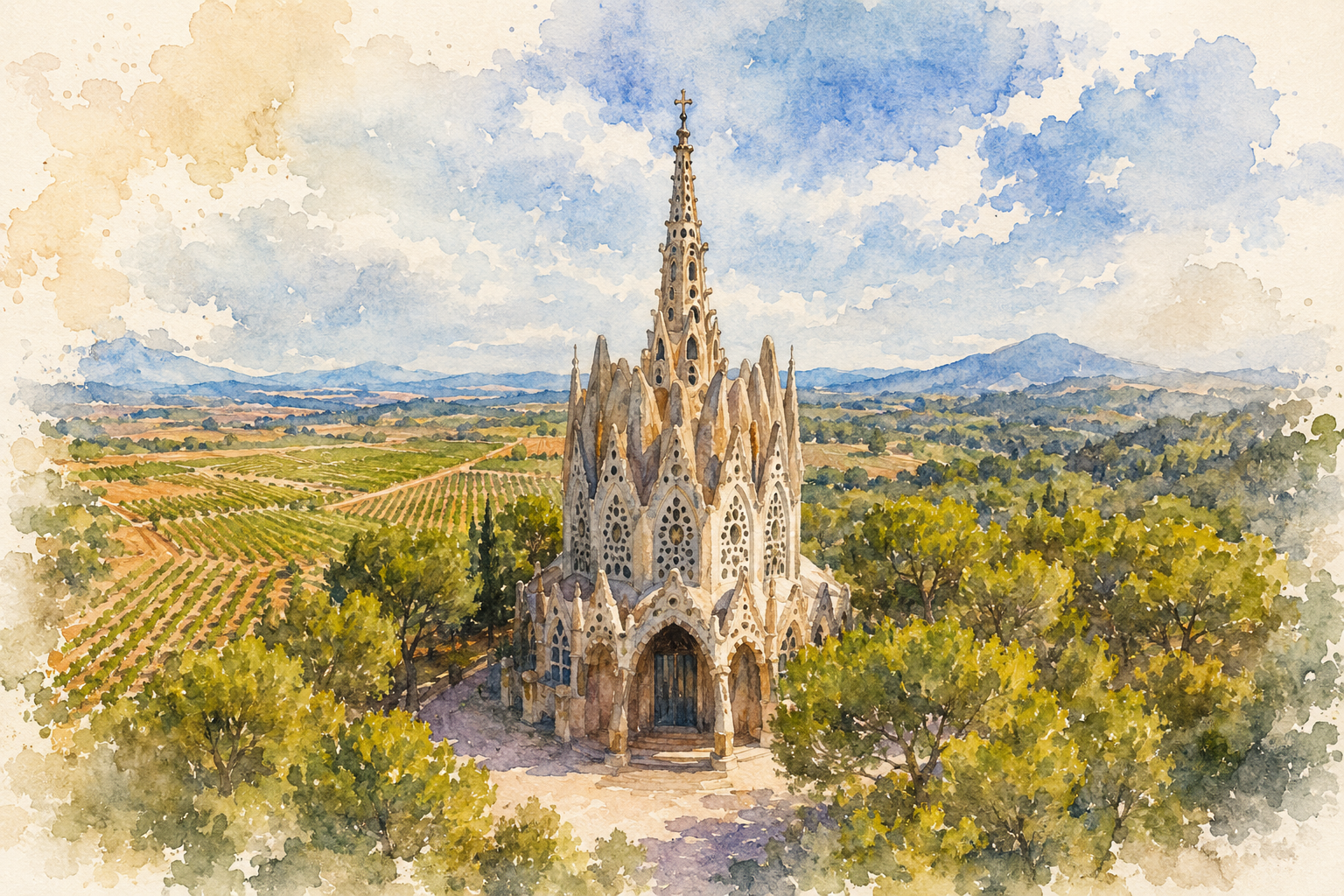Watercolour illustration of the Santuari de la Mare de Déu de Montserrat de Montferri