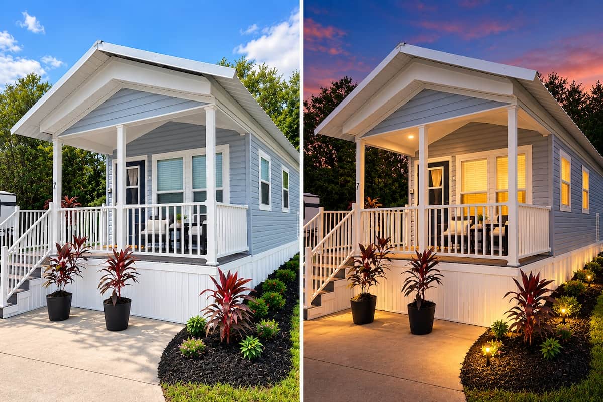 The Blue Door tiny home rental at Pecan Park RV Resort in Jacksonville, Florida.