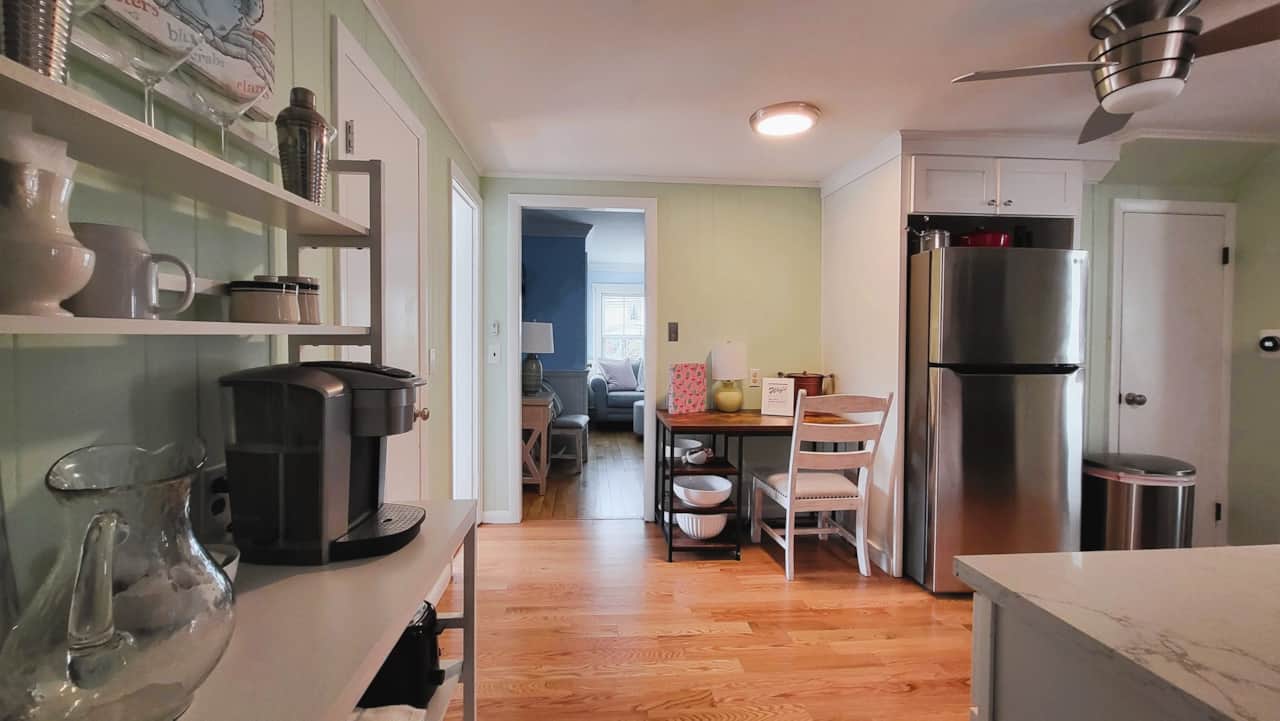 View toward kitchen, coffee maker