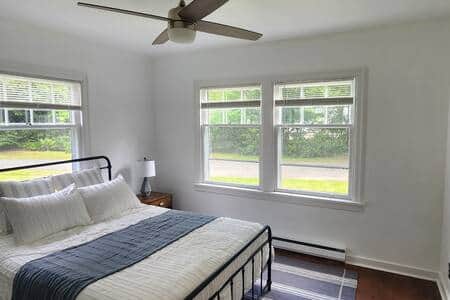 Creekside queen bedroom. Let the babbling creek lull you to sleep at night. 