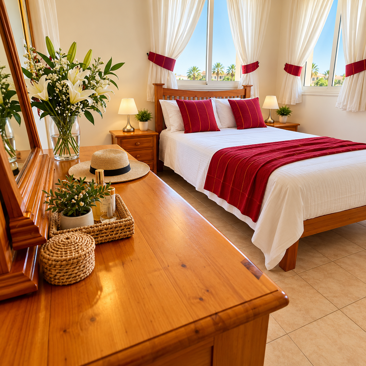 Sunlit bedroom with red accents