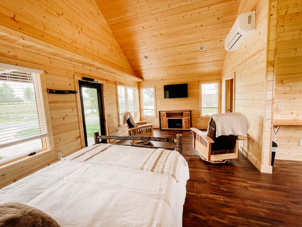 The Gobbler Cabin studio view of bed and living area
