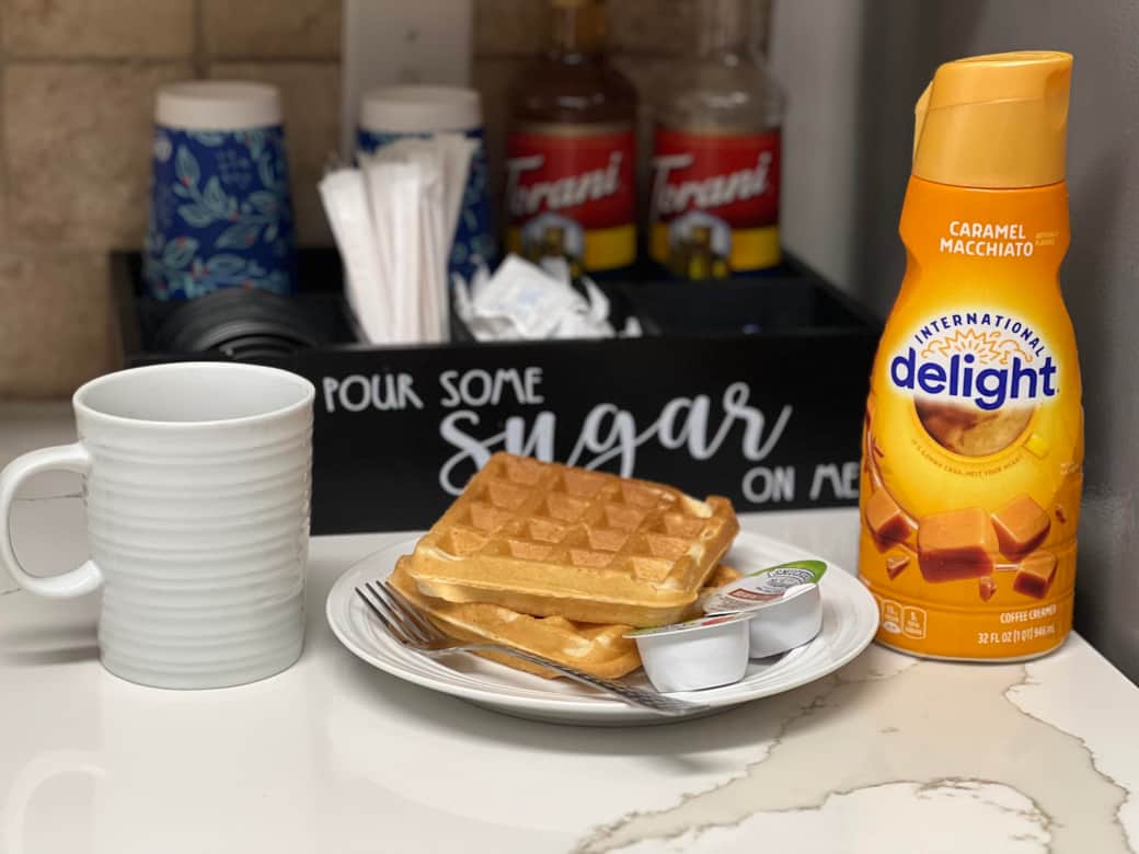 Enjoy Hot coffee and waffles to start your morning right.