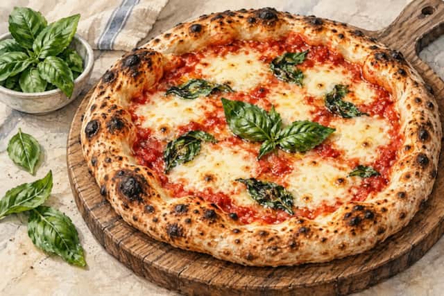 Watercolour illustration of wood-fired pizza with tomato, mozzarella and basil