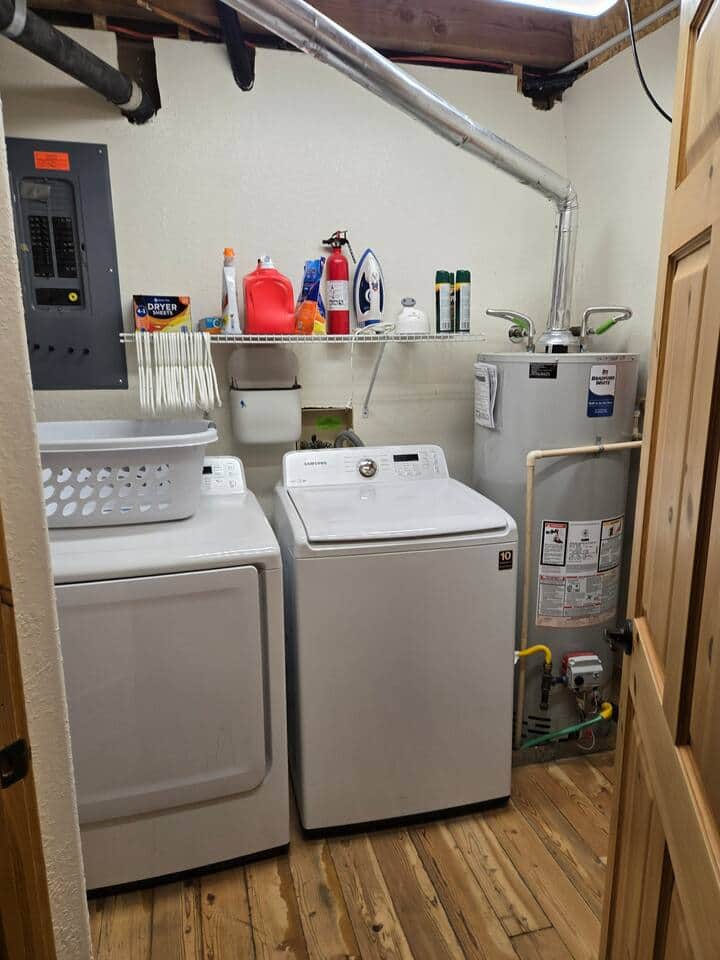 Start a load of laundry before spending time in the pool or the sauna. The laundry room is stocked with laundry detergent, iron, and an ironing board.