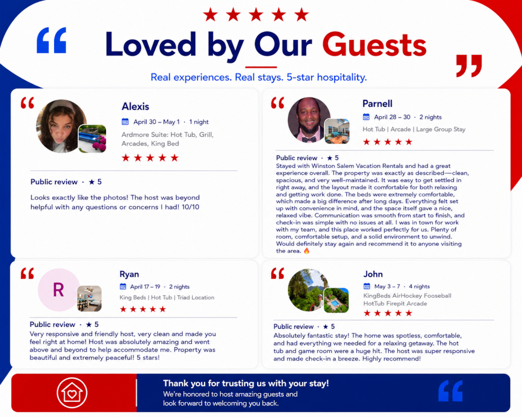 5-star stays, thoughtful hosting, and guests who leave feeling right at home. 5-star stays, thoughtful hosting, and guests who leave feeling right at home.