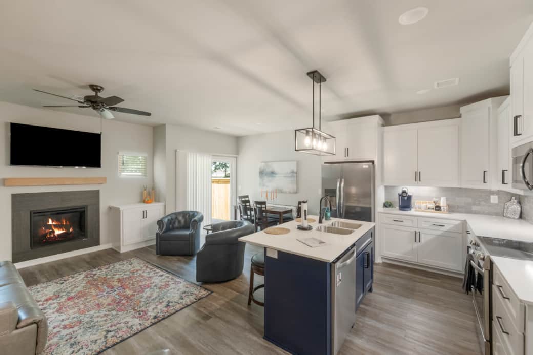 Living area, kitchen, and dining