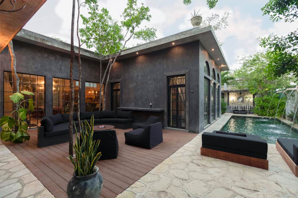 Stunning lounge area with a heated pool and fountains