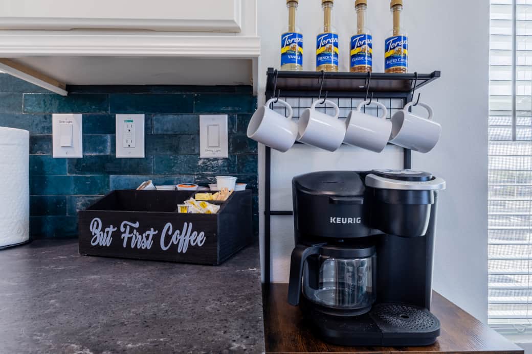 Coffee bar bliss—brews, teas, syrups & creamers for every taste.