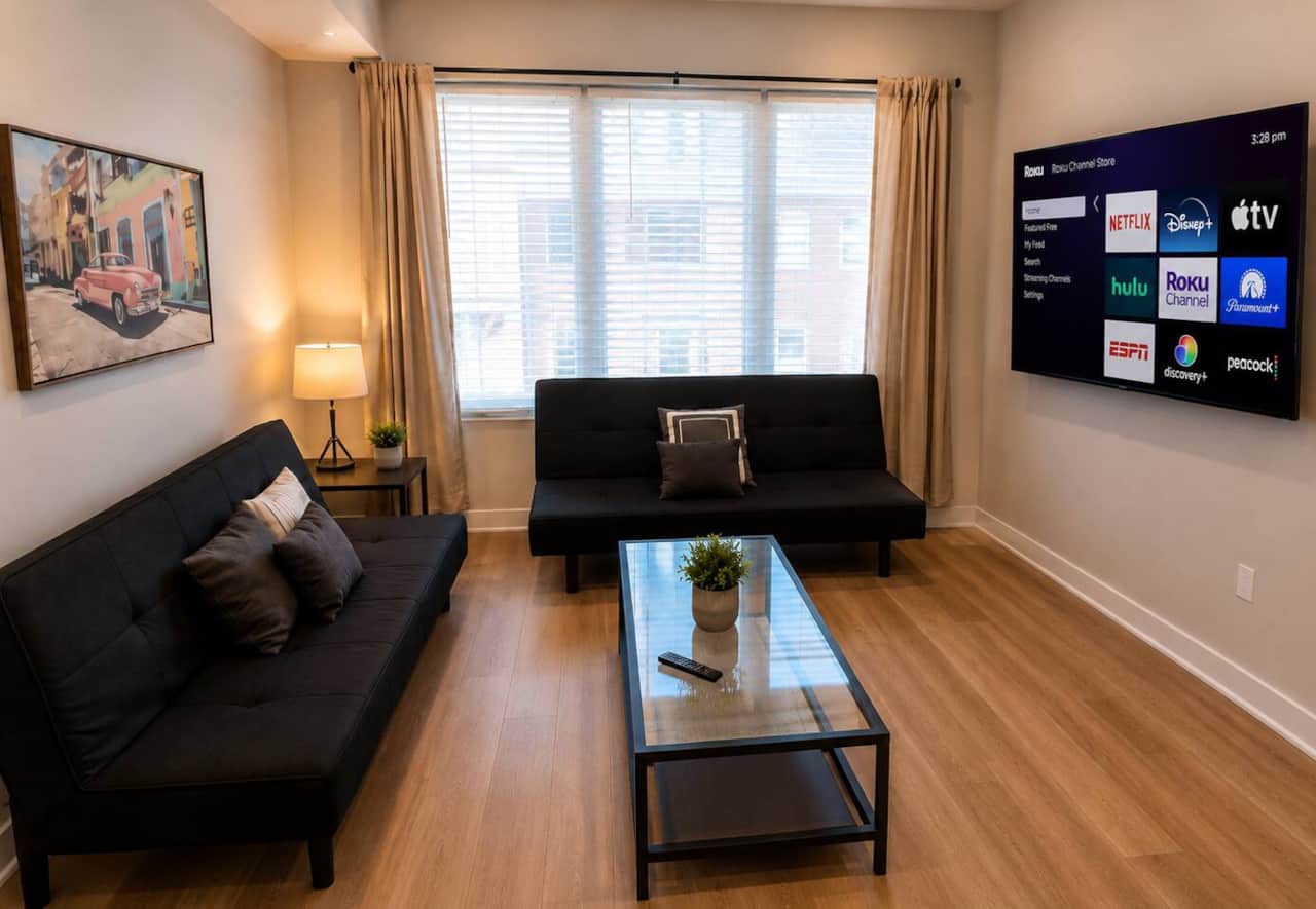 Comfortable living room featuring two futon sofa beds, a large wall-mounted Roku TV, glass coffee table, warm lighting, and plenty of natural light. A great space to relax, watch TV, or easily convert the futons into additional sleeping areas.