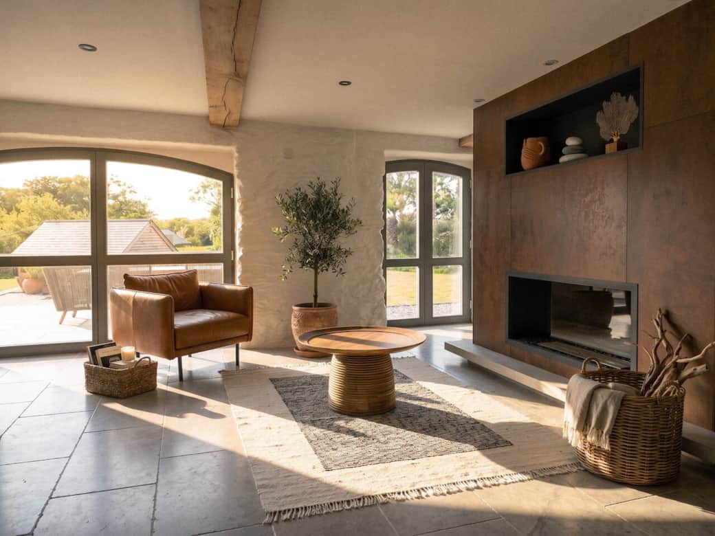 Actual photo of the room with CGI furnishings added to show the intended finished interior. All furniture, styling and layouts shown are the real items being installed as part of the current fit-out, due for completion July 2026.