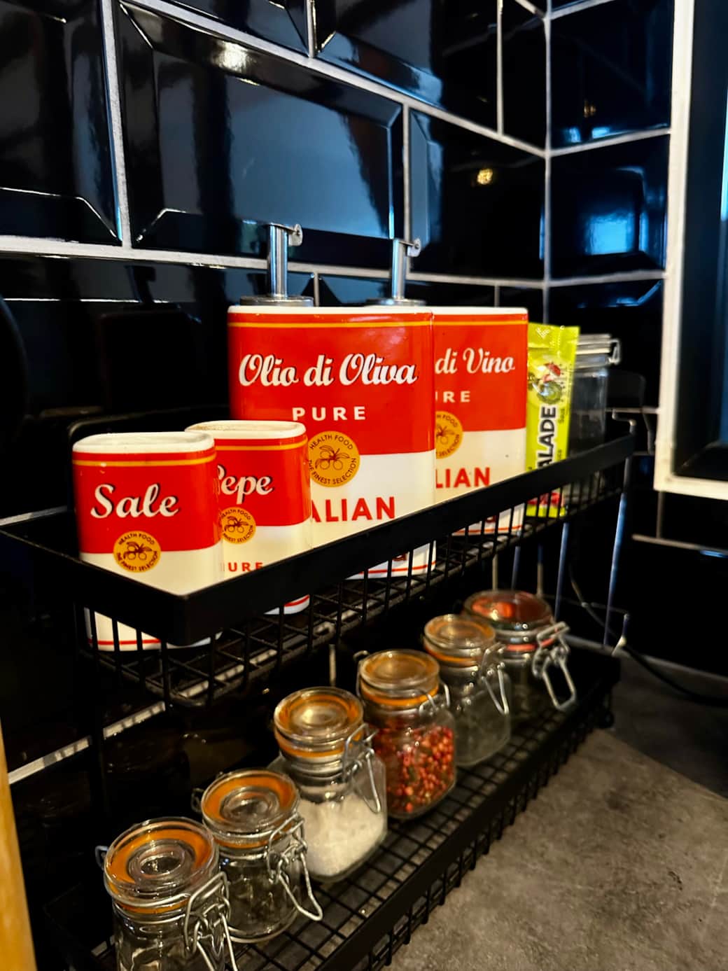 Oil, vinegar, salt and peppers provided