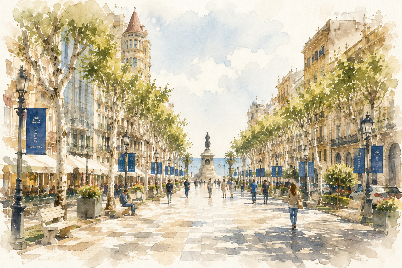 Watercolour illustration of Rambla Nova in Tarragona