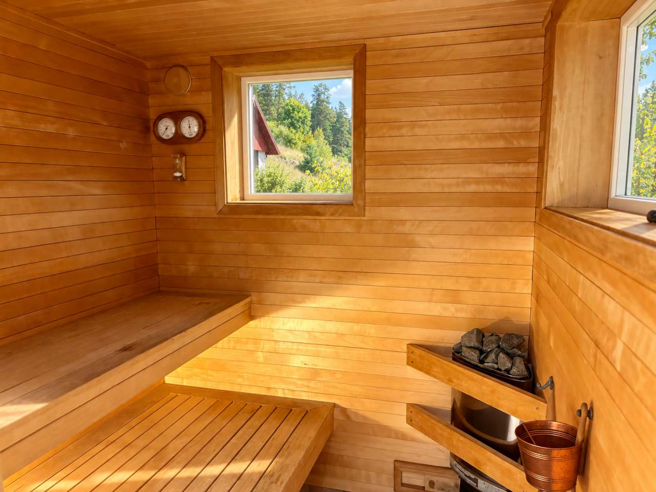 Indoor sauna with lake view
