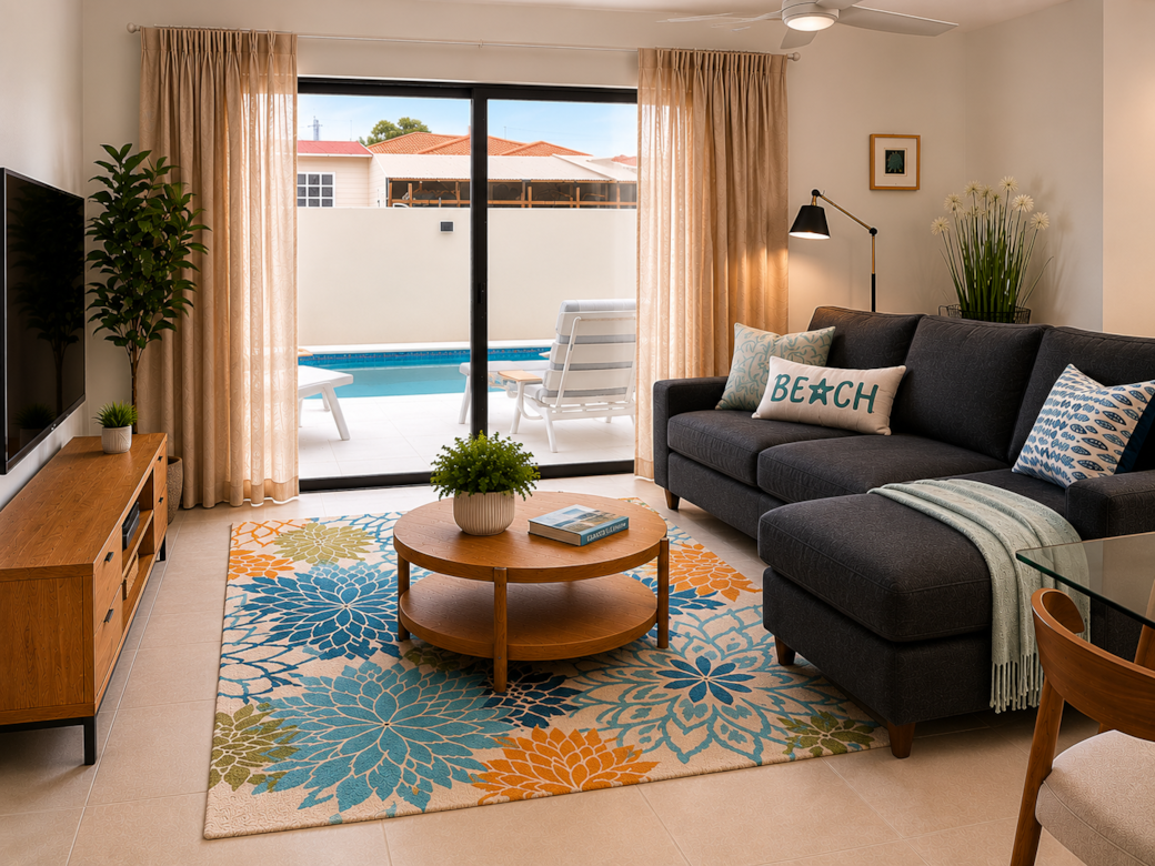 Living room with cable TV and walkout to yard Living room with cable TV and walkout to yard
