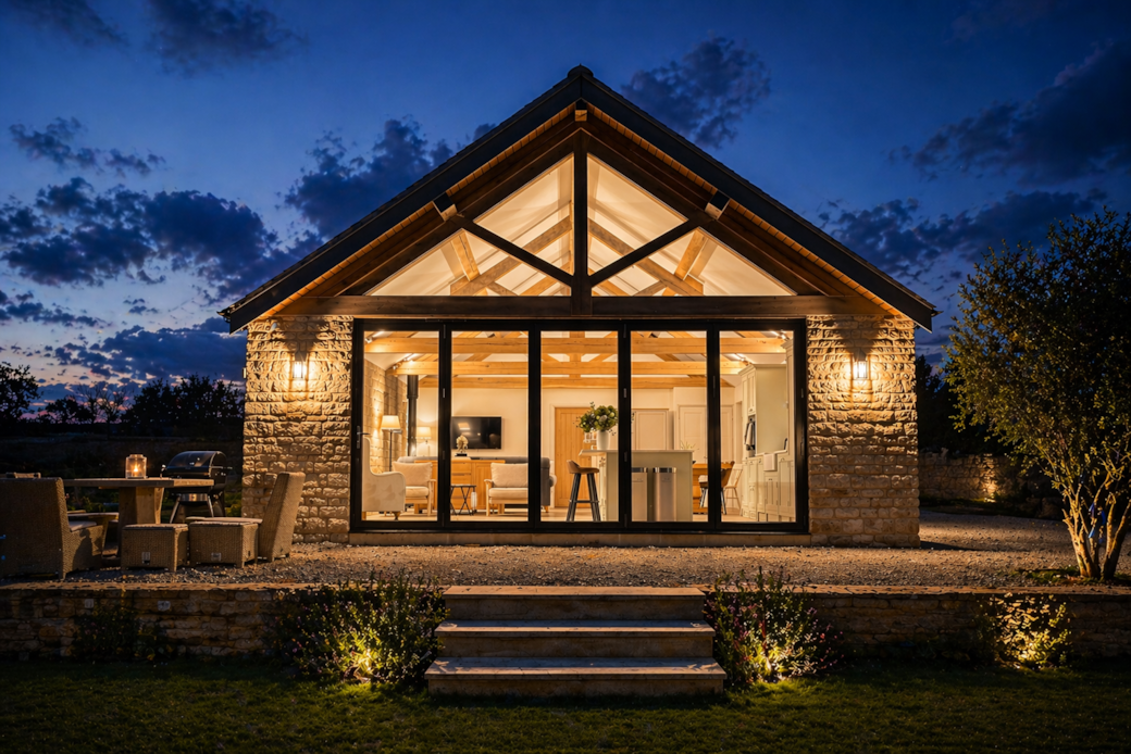 The Barn illuminated beneath the evening sky