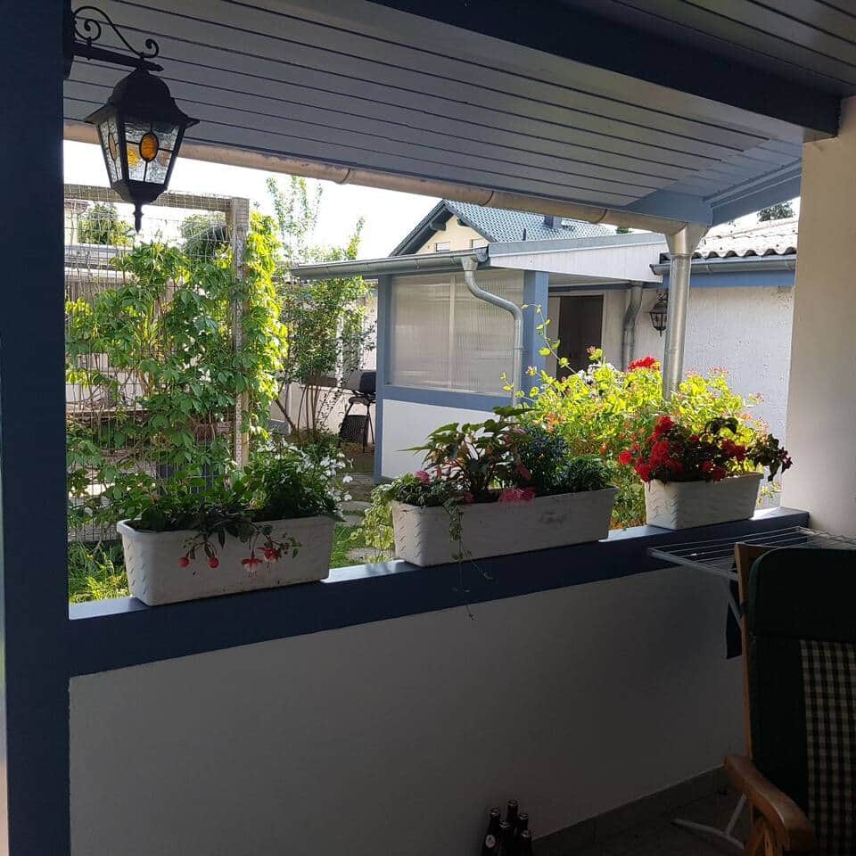 Blick von der Terrasse auf die Ferienwohnung Ruden (rechts) und den Katzenzwinger