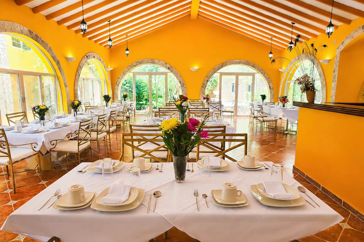 Restaurant with garden views.