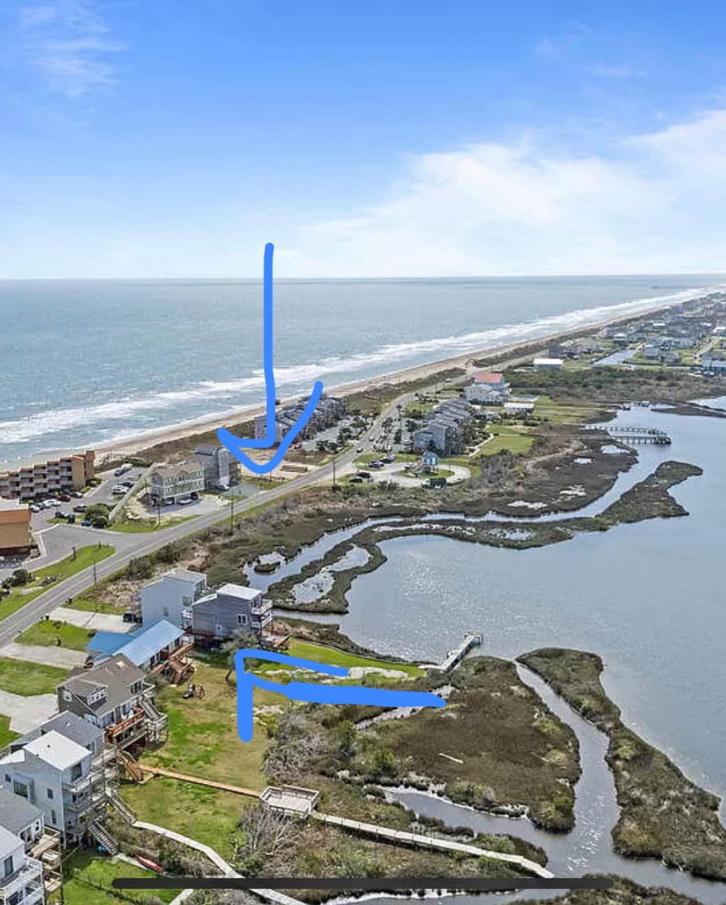 Beach access (down arrow) from duplex (blue roof) Beach access (down arrow) from duplex (blue roof)