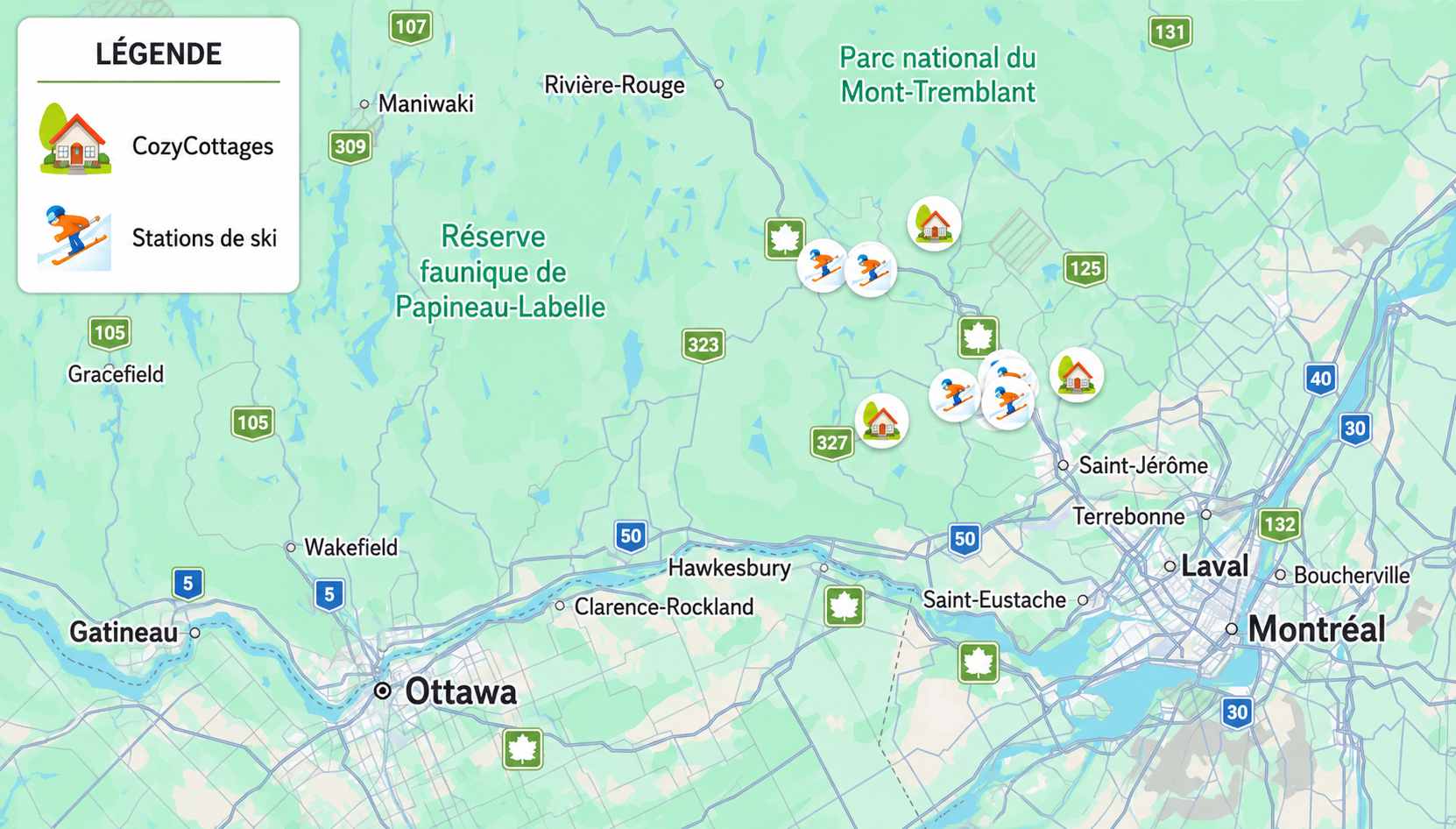 CozyCottages et les principales stations de ski dans les Laurentides