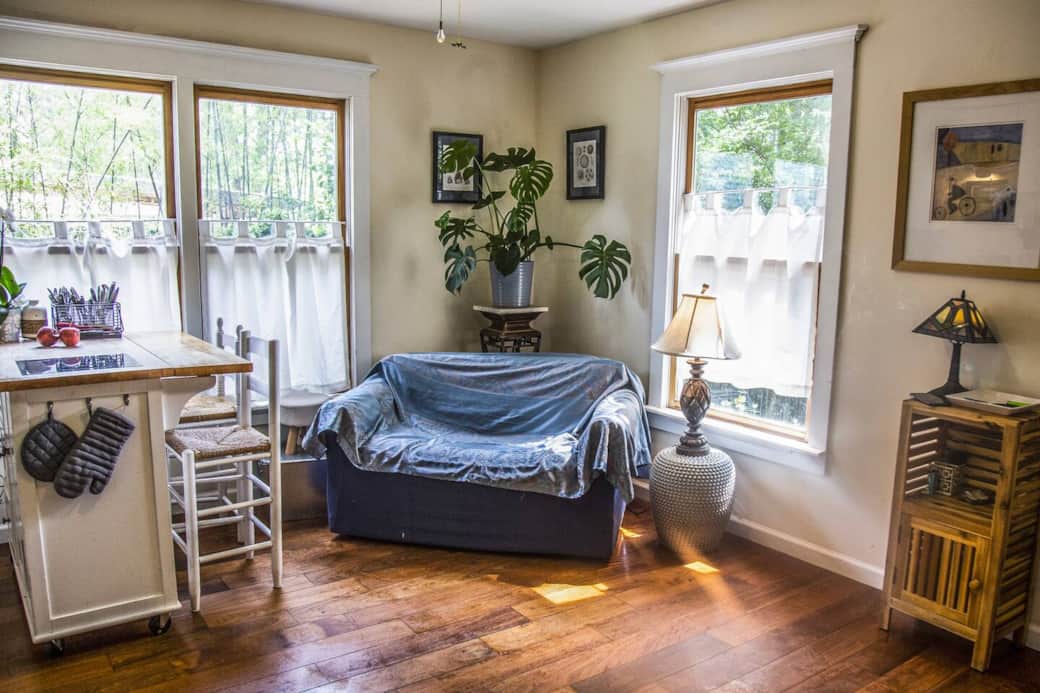 Main Room: Kitchen/Living Area with Kitchen Island for Dining, Love Seat folds out into a small bed for your third guest such as a child Main Room: Kitchen/Living Area with Kitchen Island for Dining, Love Seat folds out into a small bed for your third guest such as a child