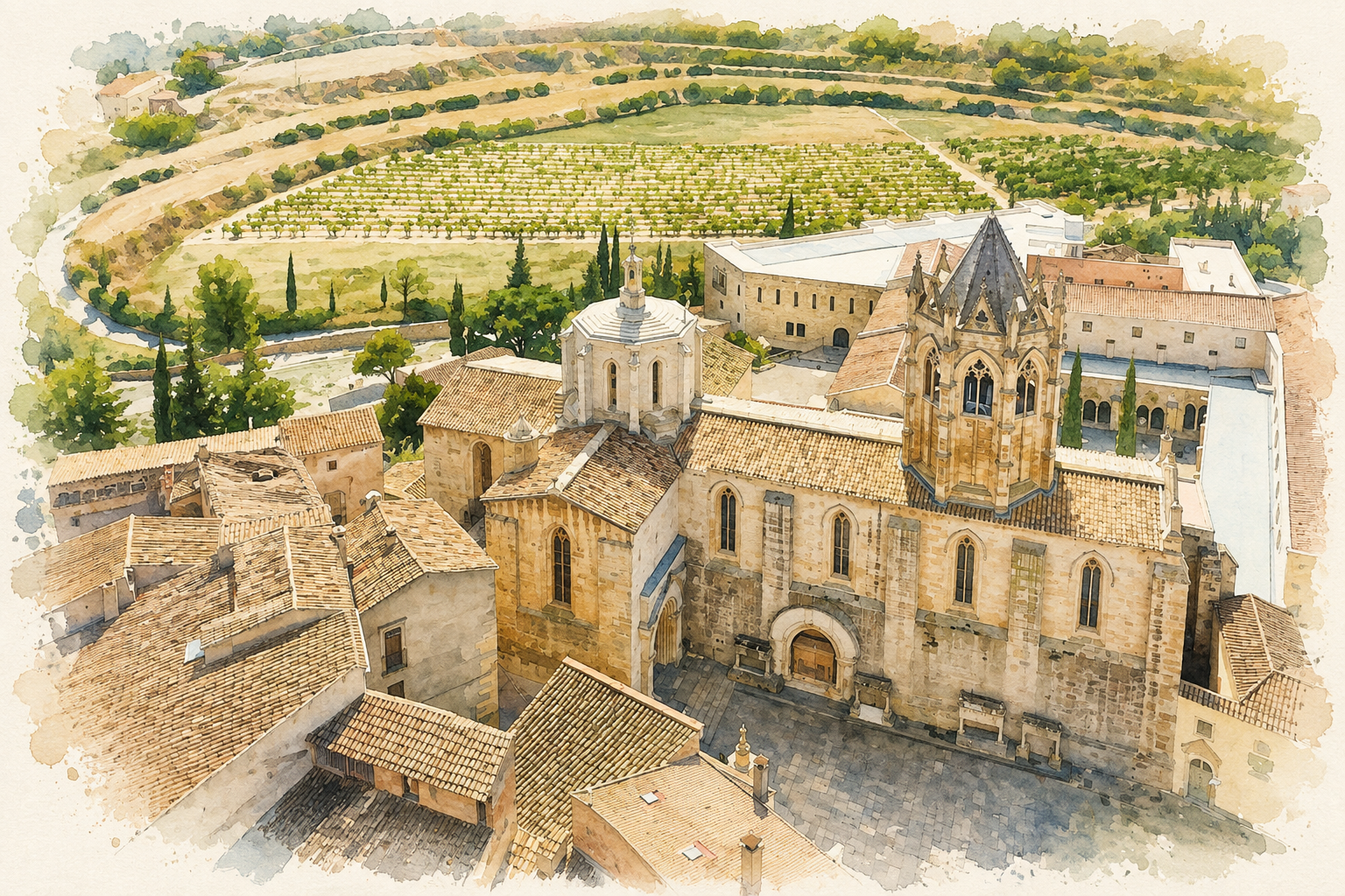 Watercolour view of Vallbona de les Monges monastery and surrounding countryside