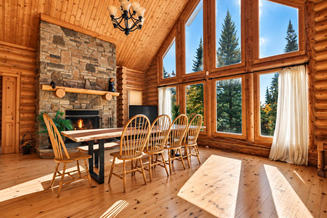 Salle a manger avec foyer au bois
