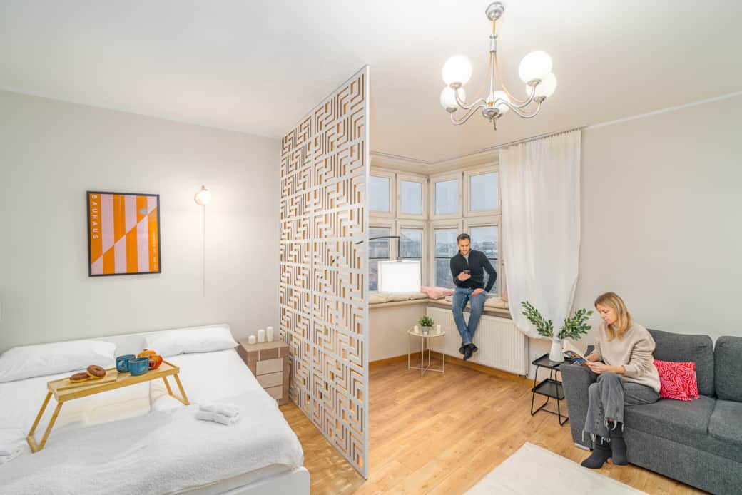 Spacious studio with a separate sleeping area, bright living space and modern design.