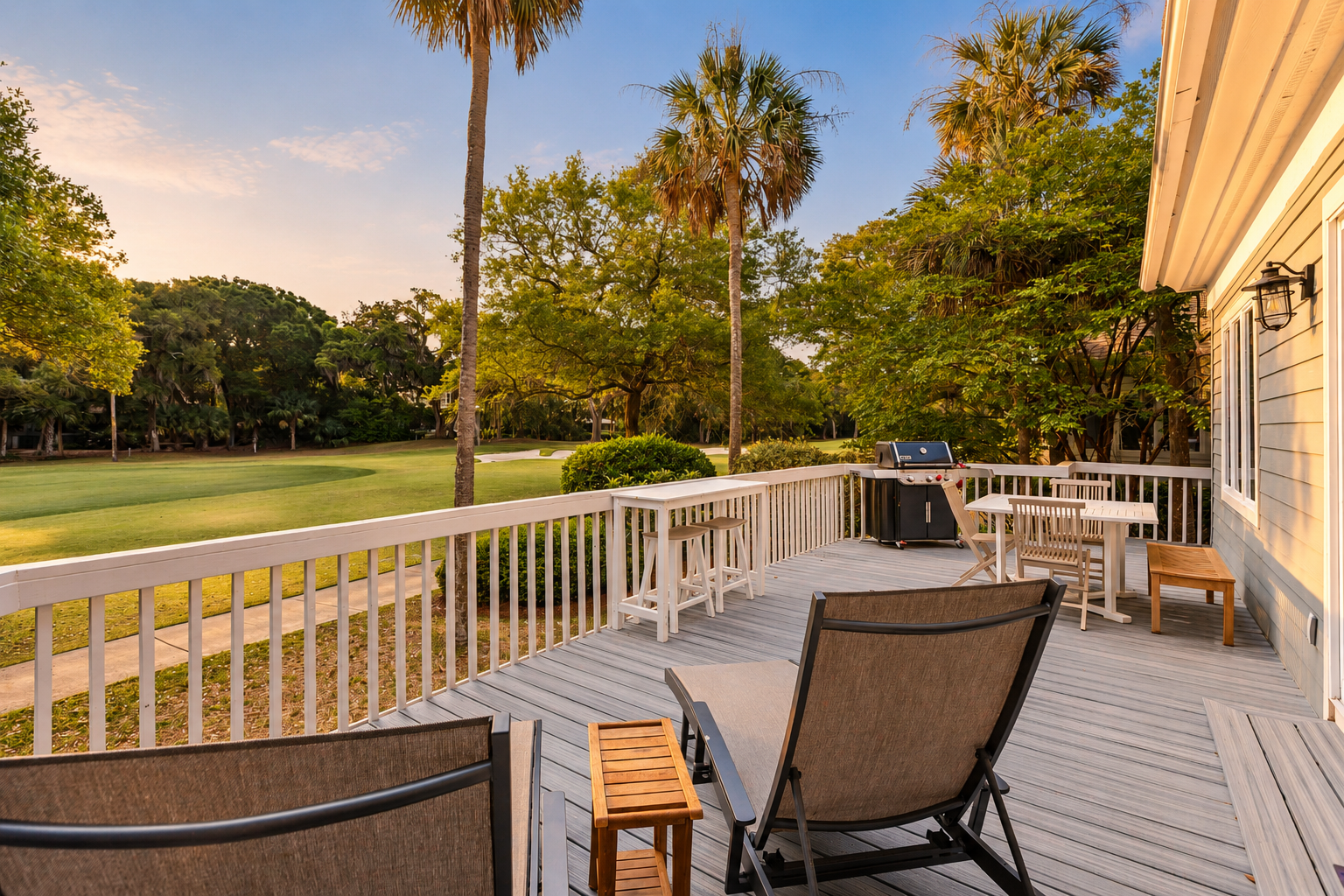Unwind on the spacious deck with lounge seating, outdoor dining, a grill, and peaceful green views.
