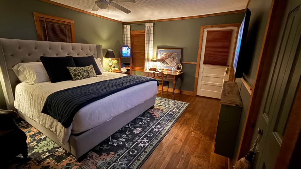 King suite includes large screen TV and electric fireplace.