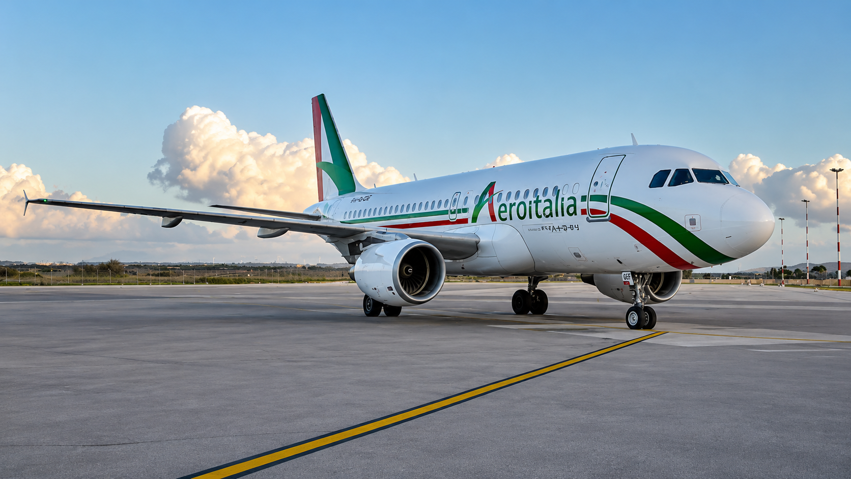Aeroitalia plane taxiing on the runway at Olbia Costa Smeralda Airport, serving inter-island flights across Sardinia