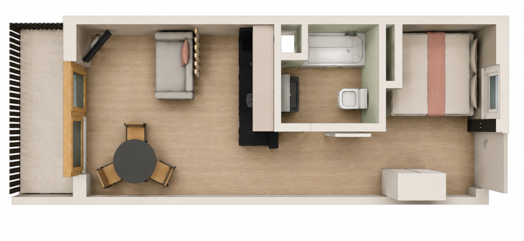 Grundriss des Studio-Appartements B6 mit Wohnbereich, Küche, Schlafbereich und Badezimmer.