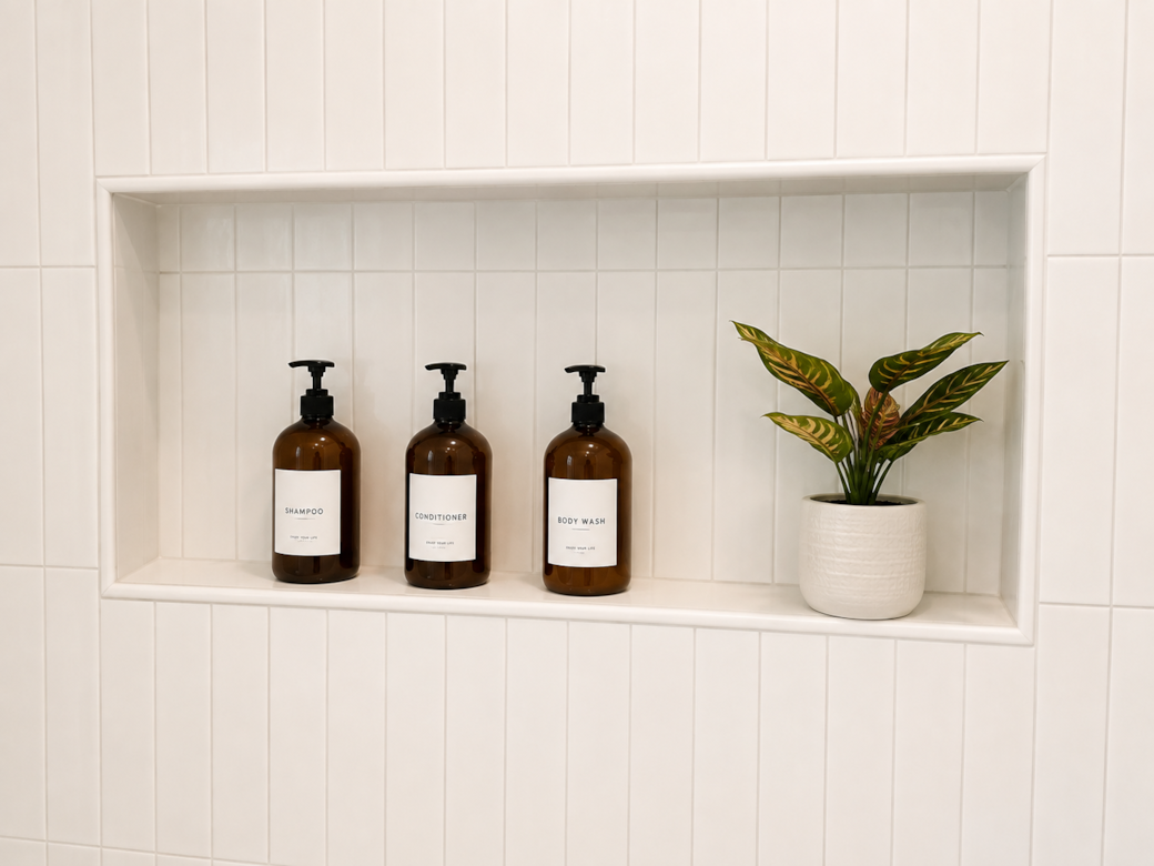 Premium body wash, shampoo, and conditioner.