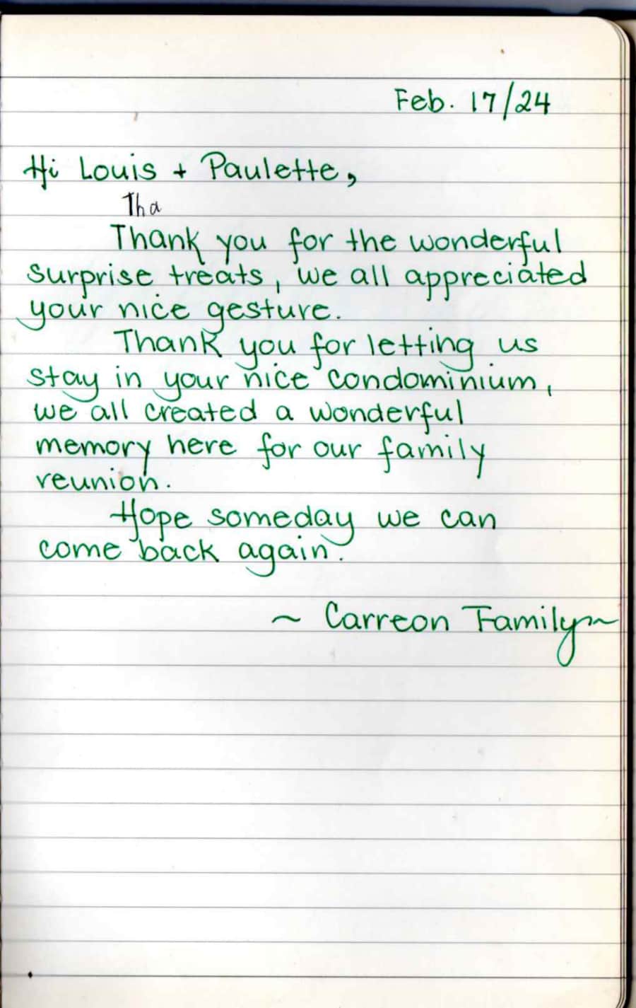 Handwritten guest note from Raya P09 guest book