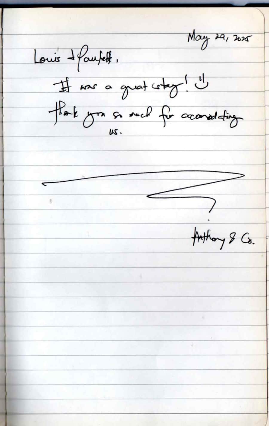Handwritten guest note from Raya P09 guest book