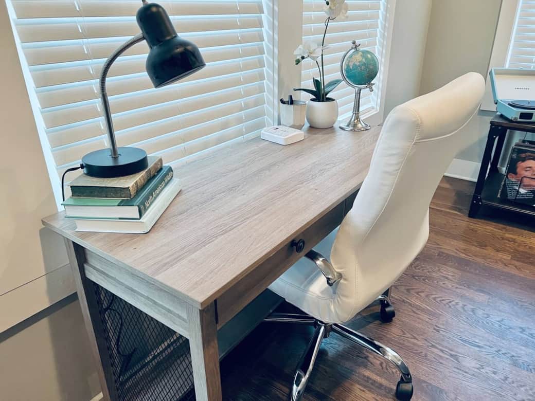 Well appointed desk with power strip, comfortable chair for work away from home